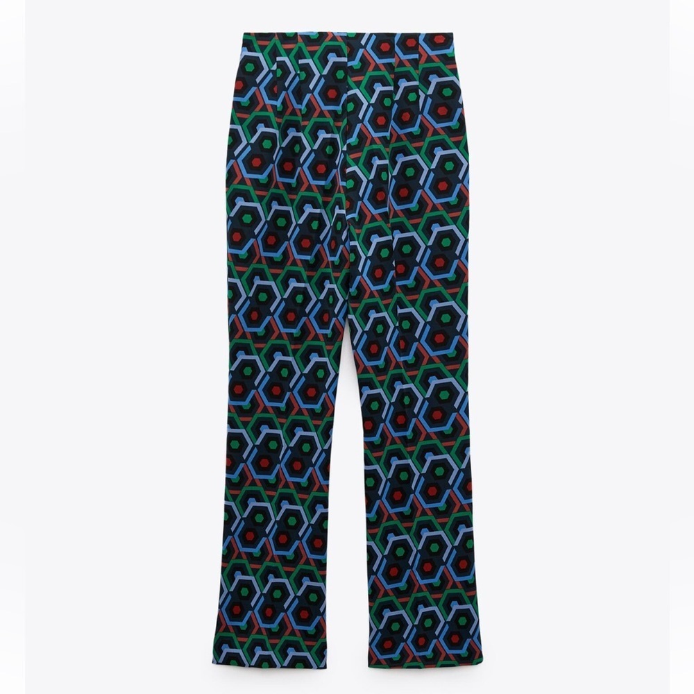 NWT ZARA BLUE, RED, GREEN HIGH RISE GEOMETRIC PRINT FLARED LEG PANTS